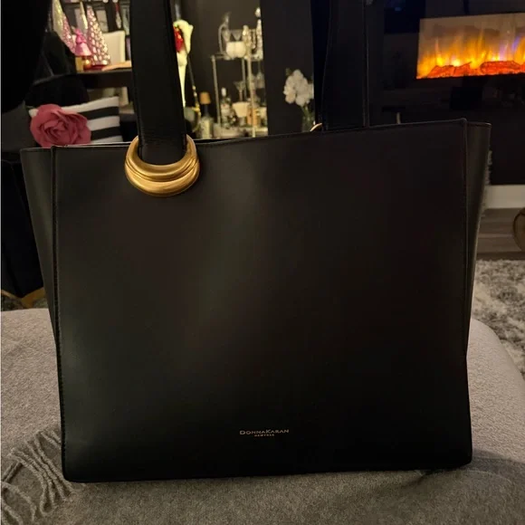 Donna Karan Black Hewlett Tote with Gold Accents - Picture 2 of 7